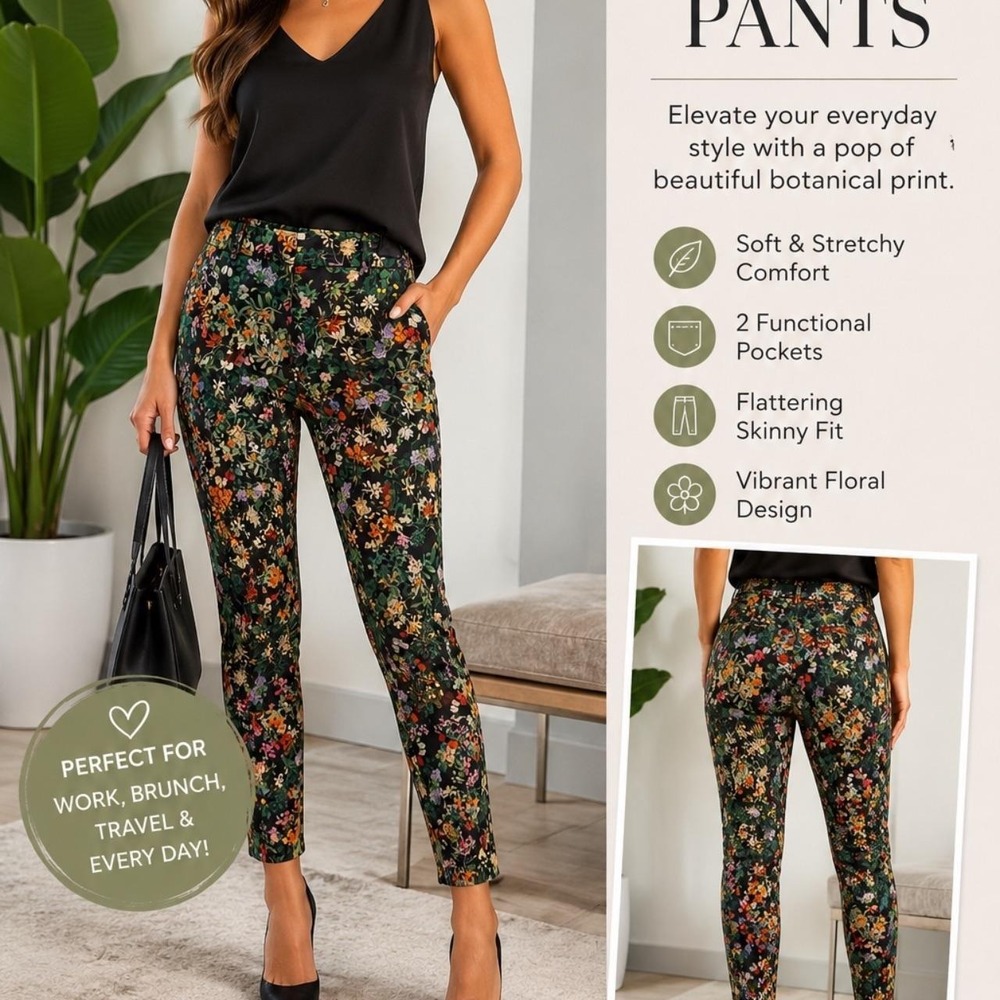 H&M Floral Stretch Ankle‎ Pants Size 6 Botanical Print Skinny Career Pants